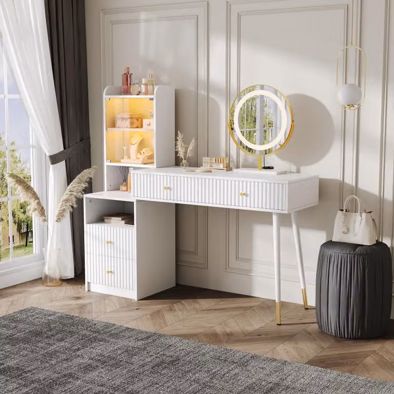 Tavolino da toilette Merax con specchio, illuminazione LED, luminosità regolabile, 4 cassetti, vano a giorno, anta in vetro con luce LED, tavolo cosmetico, bianco