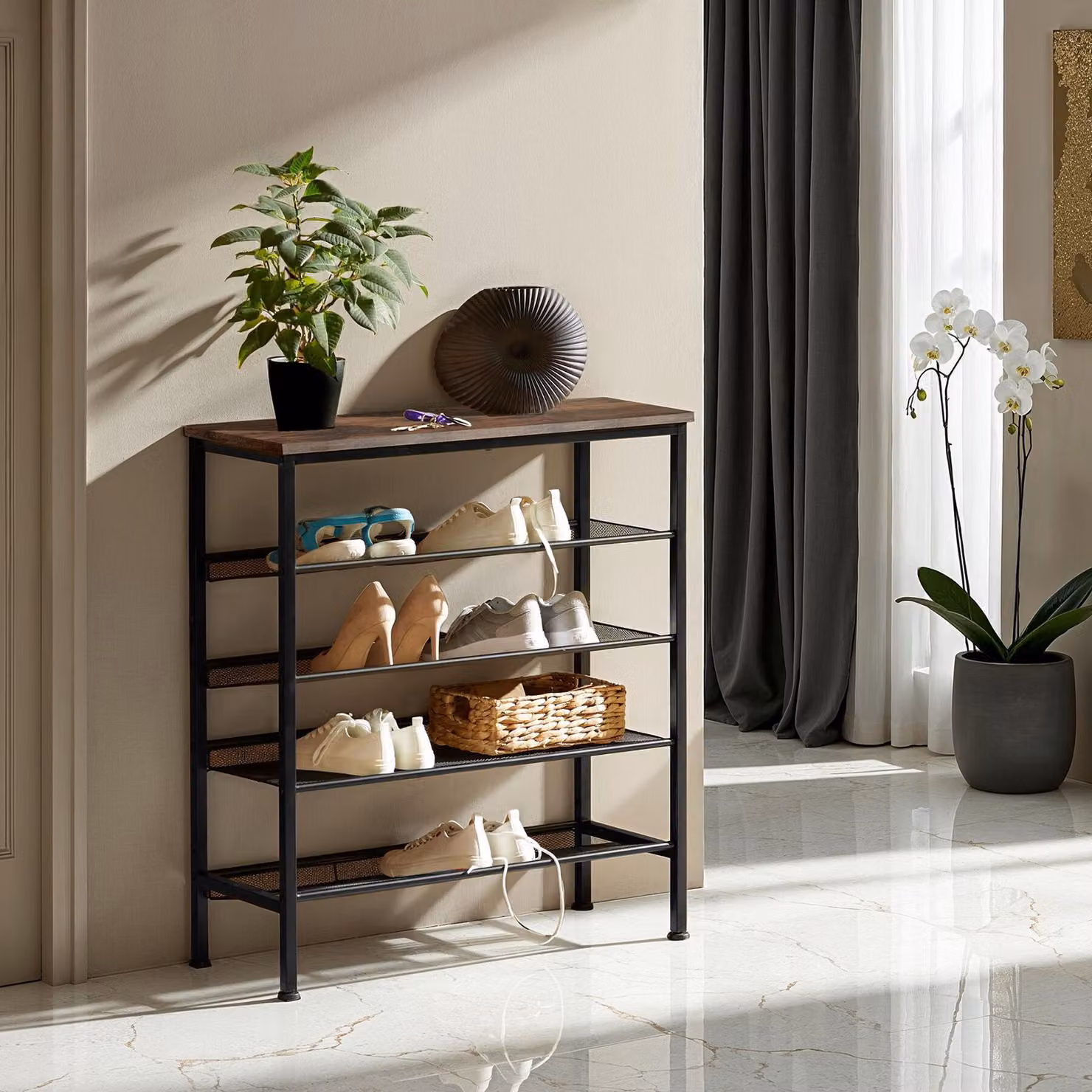 Scarpiera Tectake in stile industriale marrone con ripiani interni L: 75,5 cm, P: 30,5 cm, H: 85,5 cm – 3