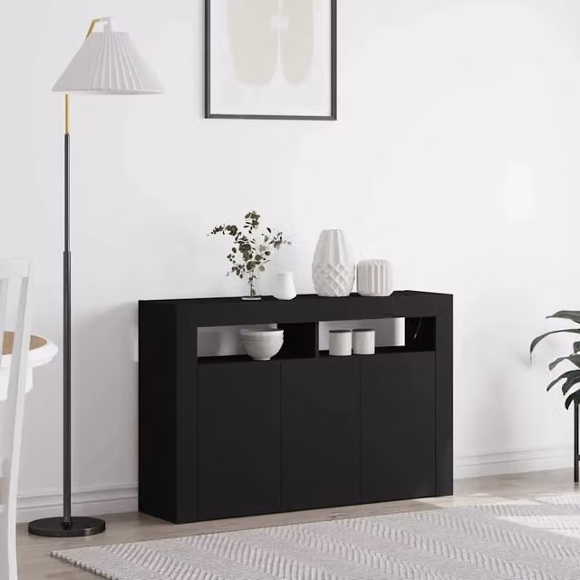 Credenza Buffet da Cucina Moderna vidaXL in Legno e MDF Nero con Illuminazione Integrata L: 116 cm, P: 30 cm, H: 75 cm