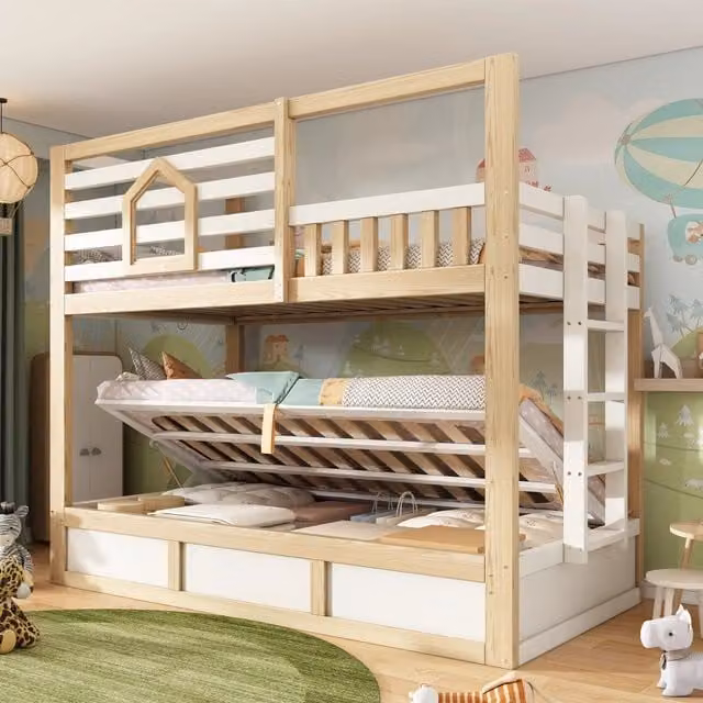 Letto a castello per bambini 90 × 200 cm con scala, sponda di sicurezza e contenitore, senza materasso, bianco e rovere