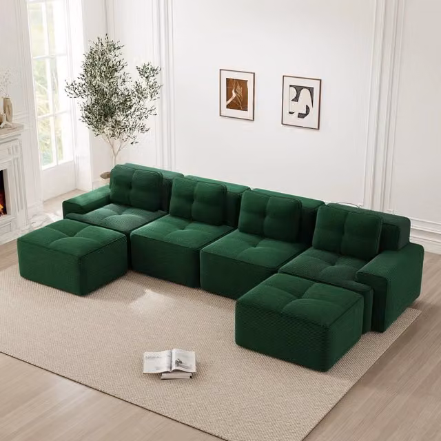 Divano modulare OKWISH a 4 posti in velluto a coste verde con seduta profonda e design moderno a L
