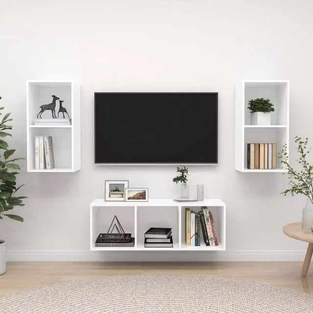 Set di 3 mobili porta TV vidaXL in legno multistrato bianco per soggiorno in stile minimalista e montaggio a parete – 1