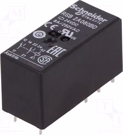 1 relè: bobina elettromagnetica, 24VDC, 8A/250VAC, 8A, codice prodotto: 2A080BD
