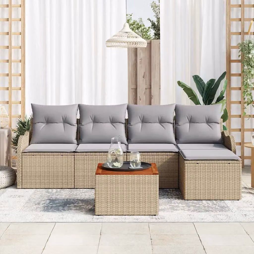 Set Divano da Giardino a L vidaXL 6 pz Beige e Grigio con Cuscini e Tavolino