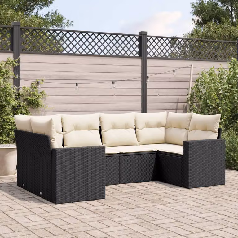 Set Divano da Giardino a L vidaXL in Polyrattan Nero con 6 Cuscini Imbottiti e Coperture Rimosse