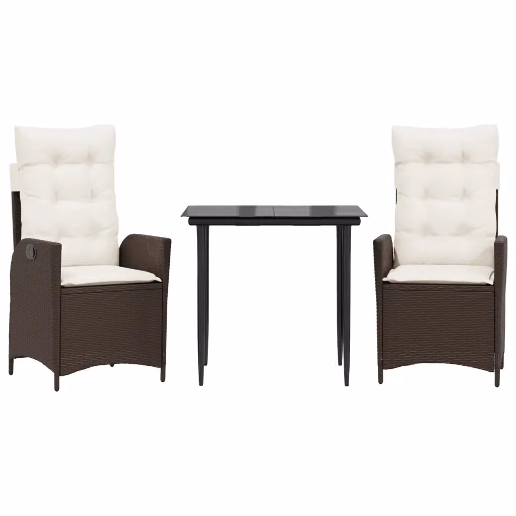 Set da Pranzo da Giardino 3pz vidaXL in Polyrattan Marrone con Cuscini e Tavolo in Vetro – 2