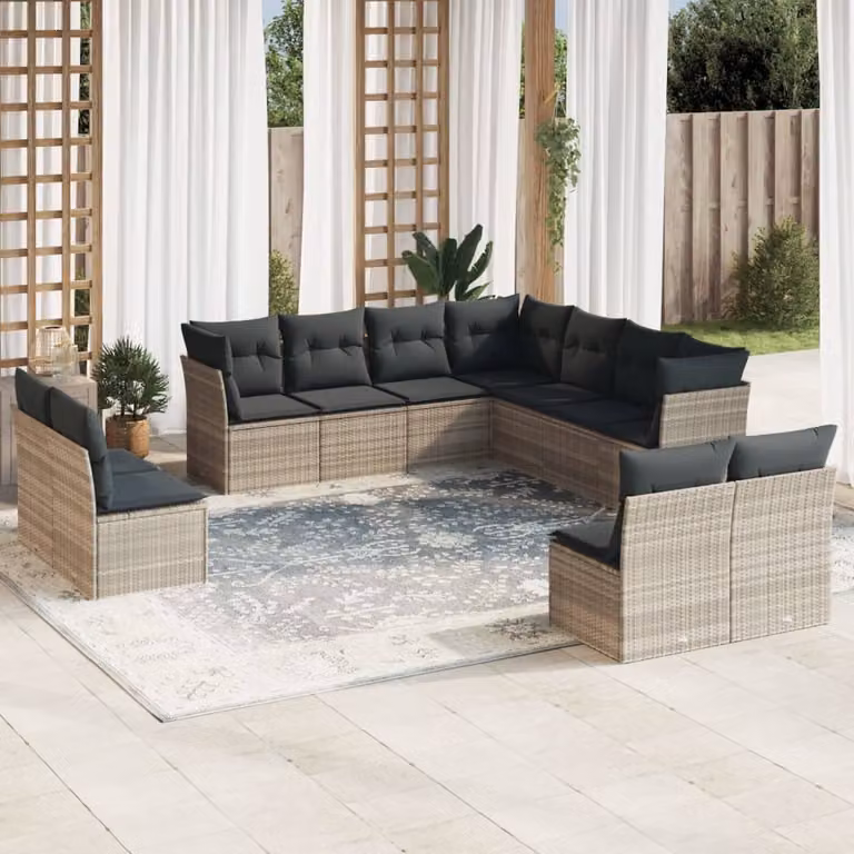 vidaXL Set Divani da Giardino 11 pz a Forma a U in Polyrattan Grigio con Cuscini Imbottiti e Rivestimenti Rimovibili