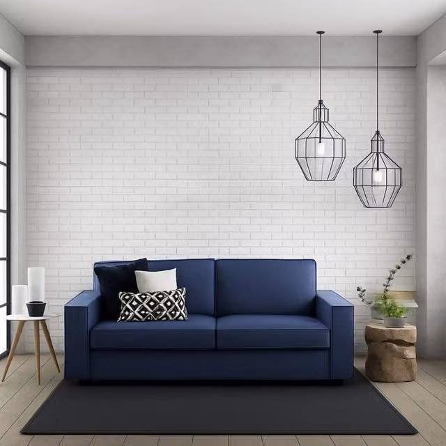Divano a 3 posti Abernathy TALAMO ITALIA, modello moderno in tessuto blu con braccioli slim, L: 200 cm, H: 90 cm, P: 95 cm
