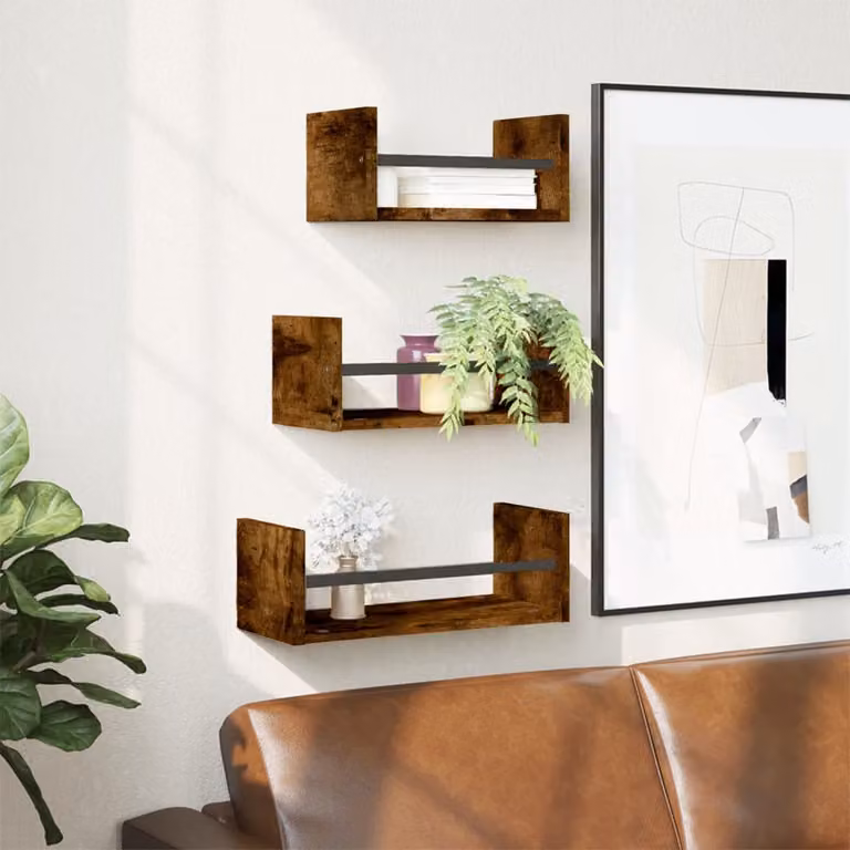 Set di 3 mensole da parete vidaXL in legno multistrato e metallo, colore Rovere Fumo, stile industriale