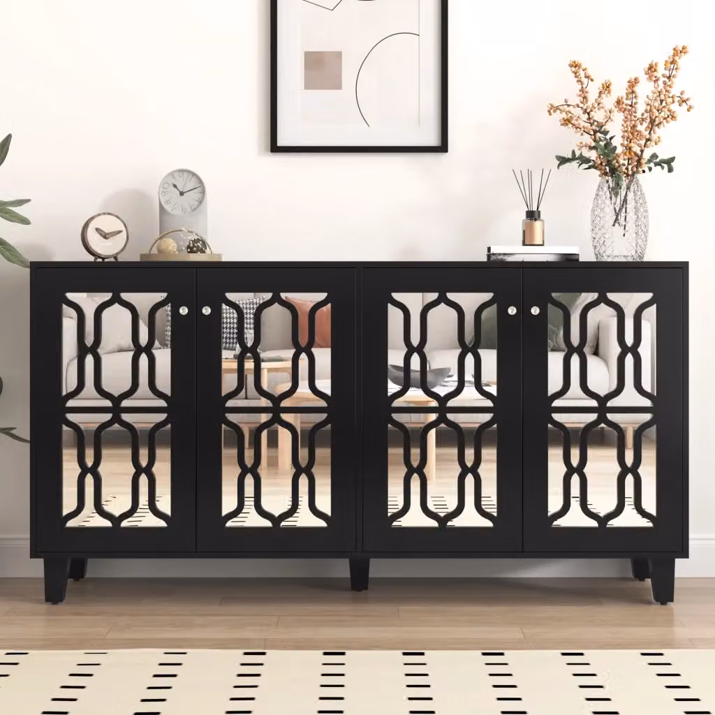 Madia moderna nera con 4 ante, ripiani interni mobili e maniglie in vetro, finitura lucida, L: 160 cm, P: 40 cm, H: 84 cm – 2