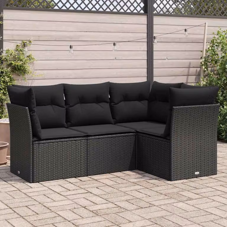 vidaXL Set Divani da Giardino a L 4 pz con Cuscini Nero in Polyrattan e Acciaio