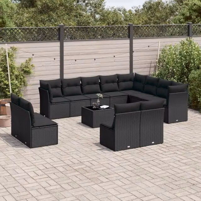 Set di divani da giardino VIDAXL a forma di U in polyrattan nero con 13 pezzi e cuscini inclusi – 1