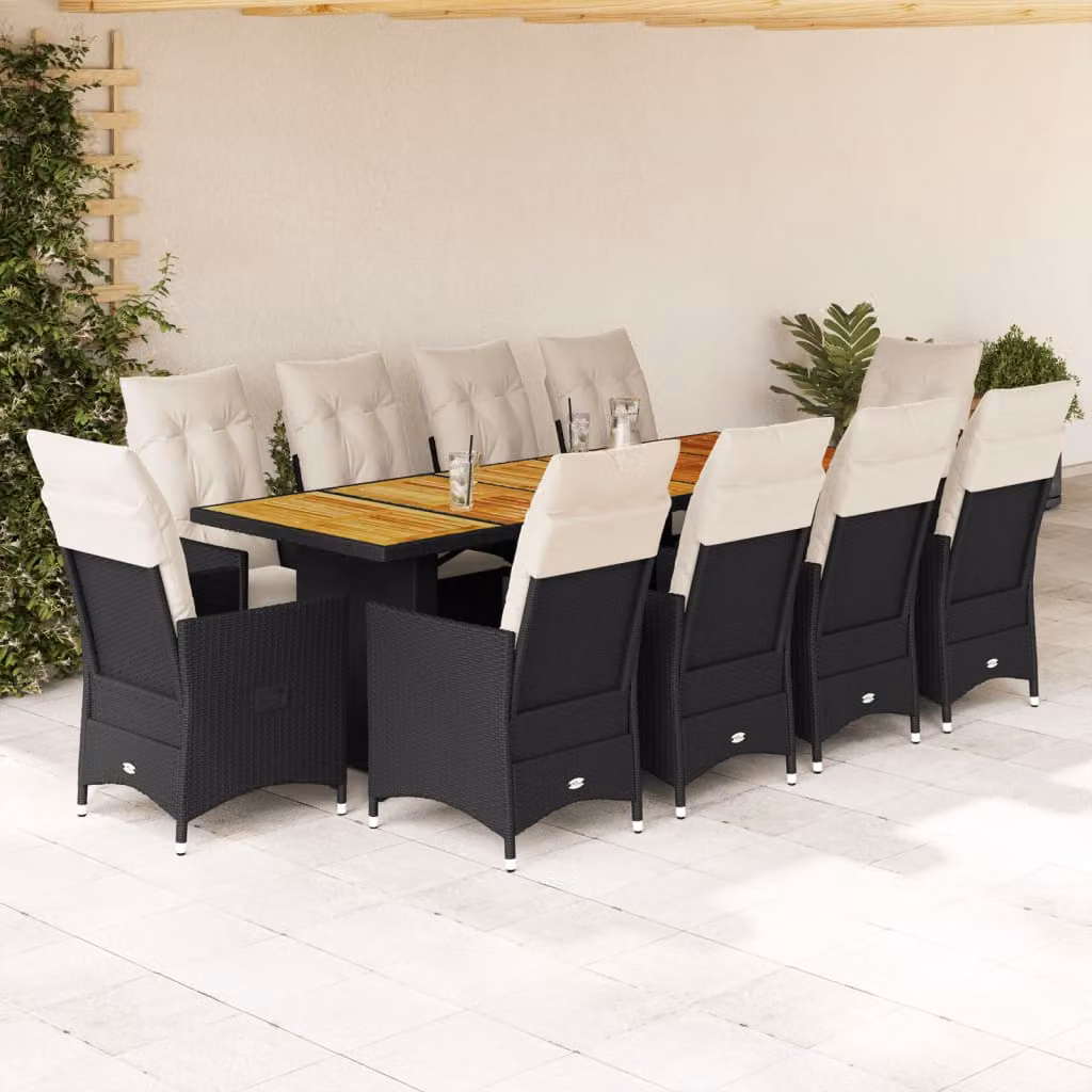 Set da Bistrò da Giardino vidaXL 11 pz in Polyrattan Nero con Cuscini e Legno di Acacia – 1