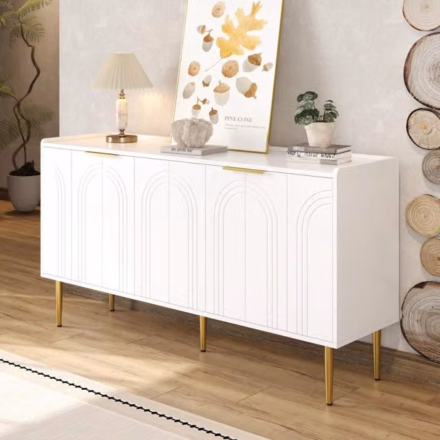 Sideboard moderno REDOM in MDF bianco e oro per soggiorno o camera da letto L: 140 cm, P: 38 cm, H: 75 cm