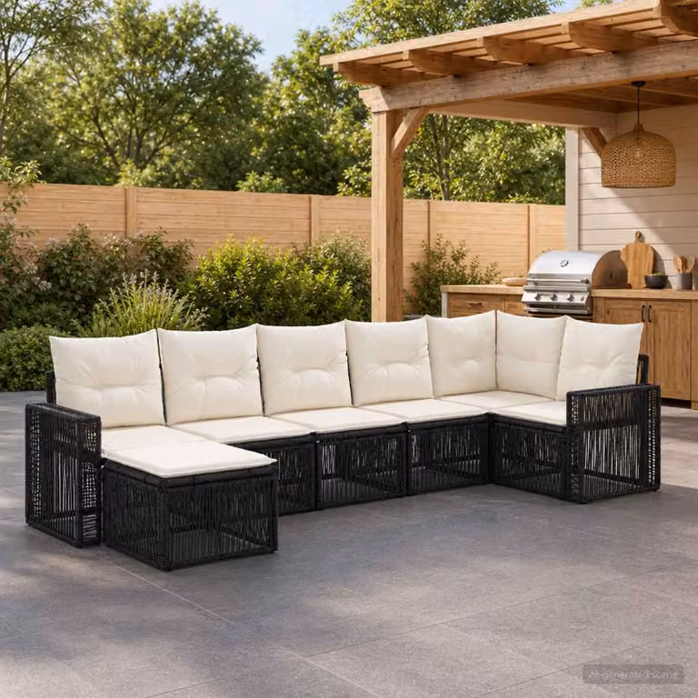 Maison Exclusive - Set da giardino composto da 7 pezzi. Divano da giardino in rattan sintetico, colore nero e crema
