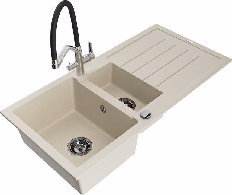 Mexen Andres lavello in granito 1,5 vasche con scolapiatti e rubinetto da cucina Duo, beige - 6515-69-671701-07-B
