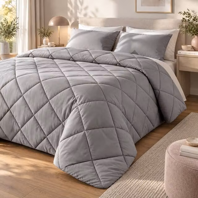 Trapunta invernale matrimoniale in velluto grigio con imbottitura in microfibra e lavorazione diamond