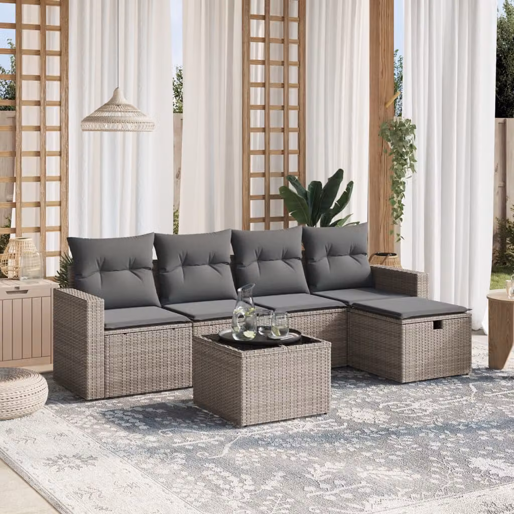 vidaXL Set Divano da Giardino a L 6 pz Grigio con Cuscini e Tavolino in Polyrattan e Metallo – 1