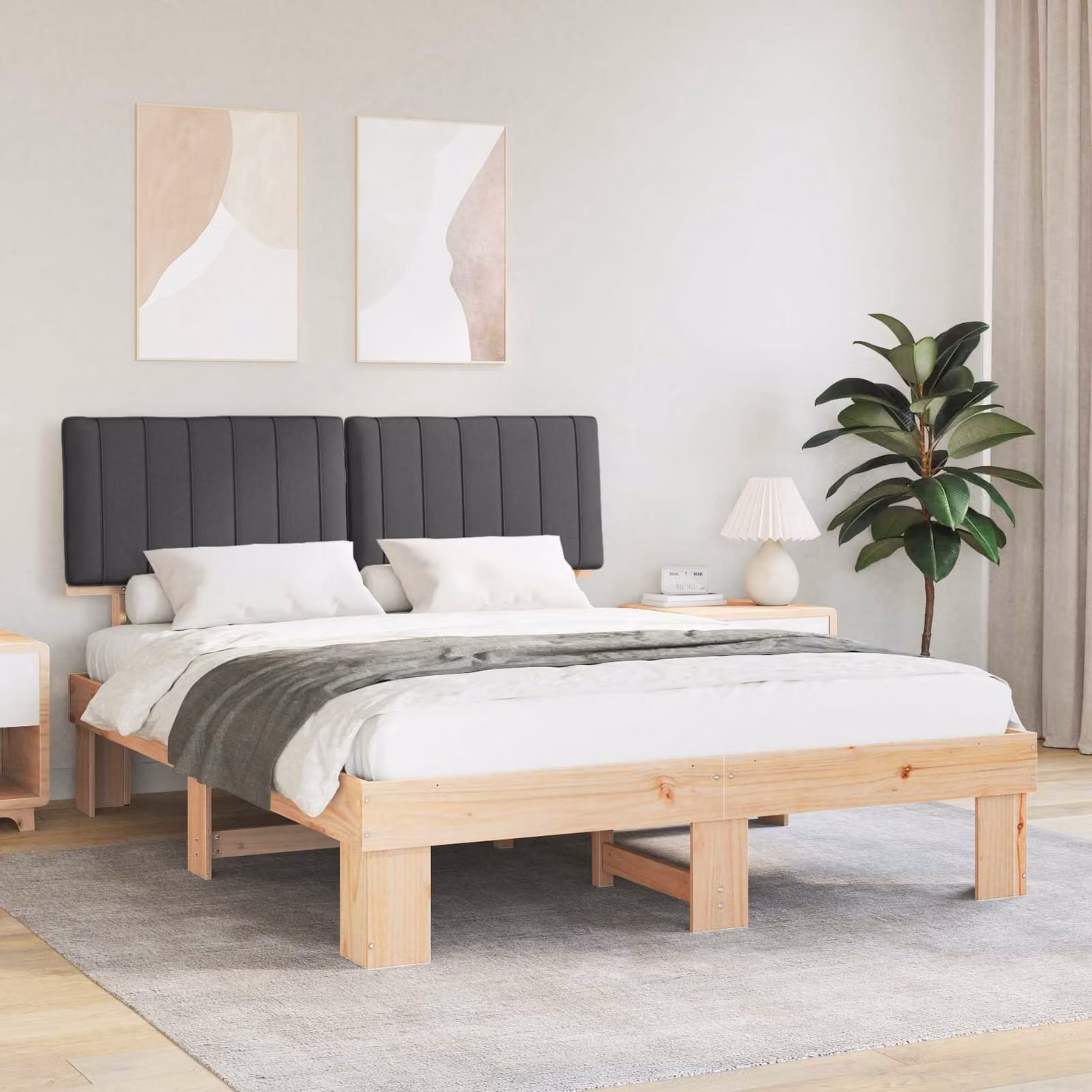 vidaXL Letto con Testiera Rivestita in Tessuto Grigio L/P/H: 150 x 200 x 93 cm – 1
