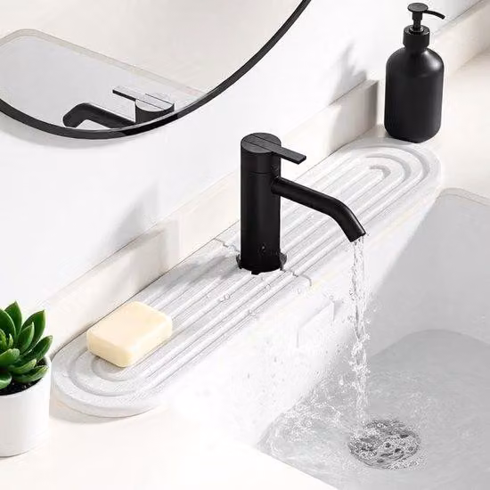 Tappetino per lavandino in diatomite - Forma ellittica - Asciugatura rapida - 45x10 cm - Bianco