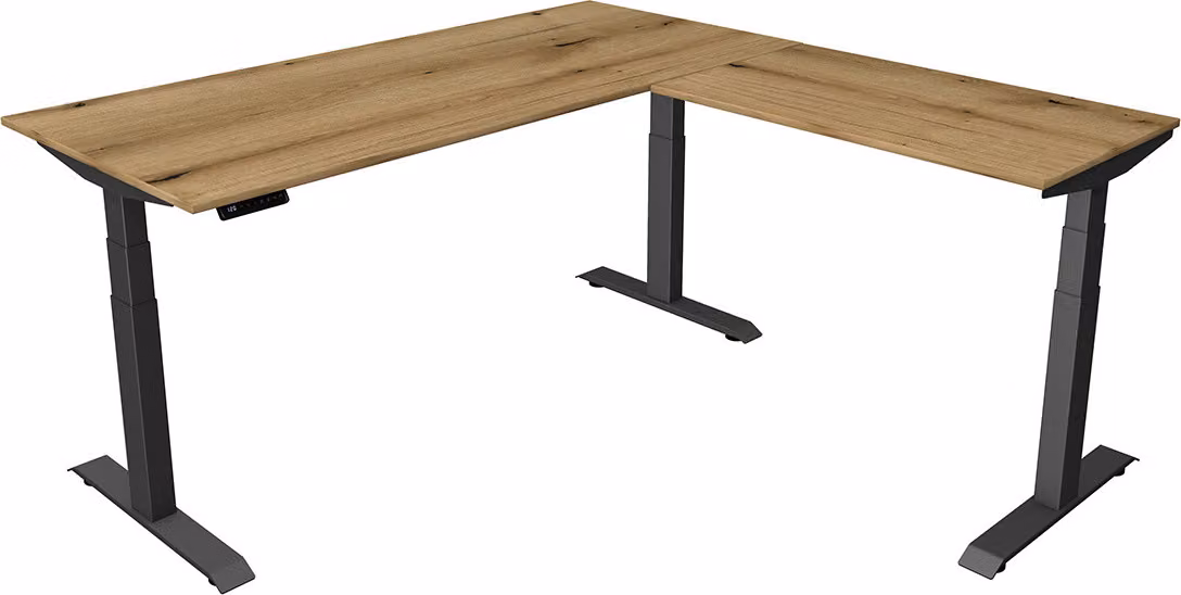 Scrivania Kerkmann Move 4 regolabile in altezza elettricamente, in rovere, rettangolare, con base a T grigia, 180,0 x 180,0 cm