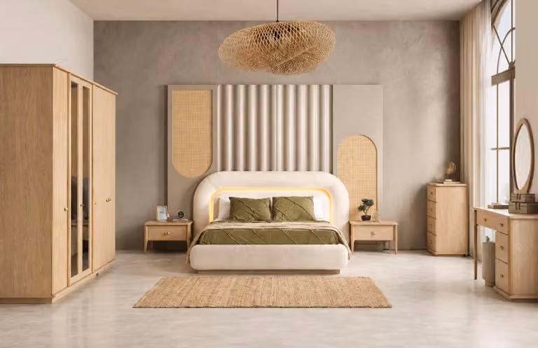 Letto matrimoniale, comodino, armadio, toeletta, cassettiera, beige, nuovo
