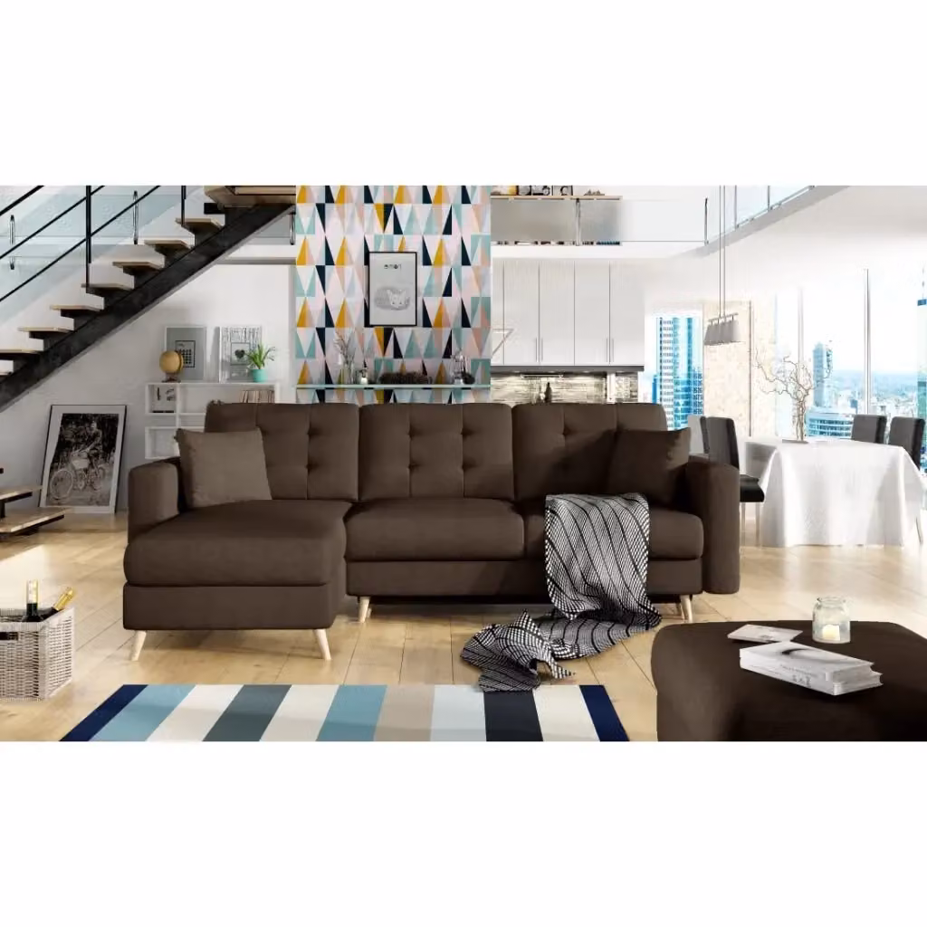 Divano angolare convertibile MEUBLORAMA HASGARD 3 posti marrone con funzione letto e contenitore, design scandinavo in tessuto e struttura in legno massiccio, L/P/H: 248 x 162 cm – 2