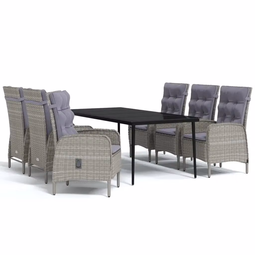 Set da pranzo da giardino moderno vidaXL in polyrattan con tavolo in vetro e 7 pezzi con cuscini grigi e neri – 2