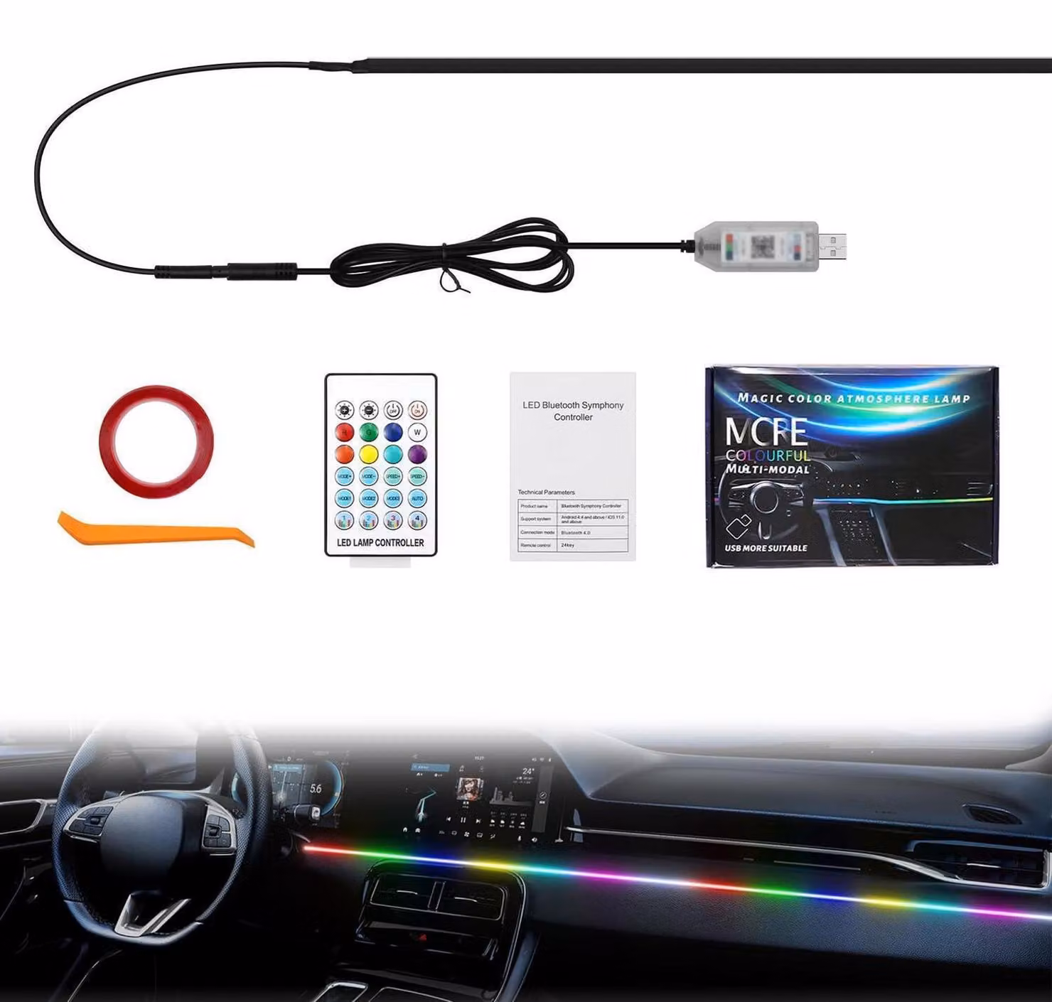 Illuminazione interna per auto a LED, luce ambientale con colori arcobaleno, lunghezza 110 cm, con controllo tramite telecomando/app