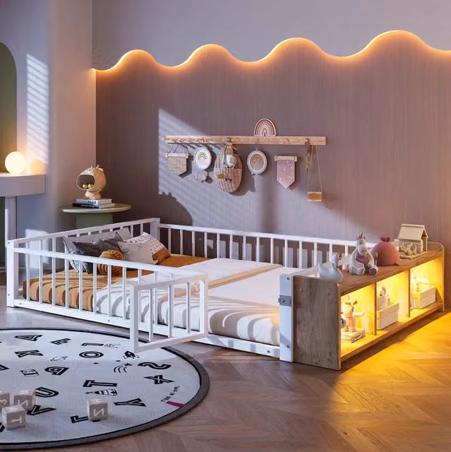 Letto per bambini ULEVR 140x200 cm con sponda di sicurezza, vano aperto e LED, metallo e MDF bianco