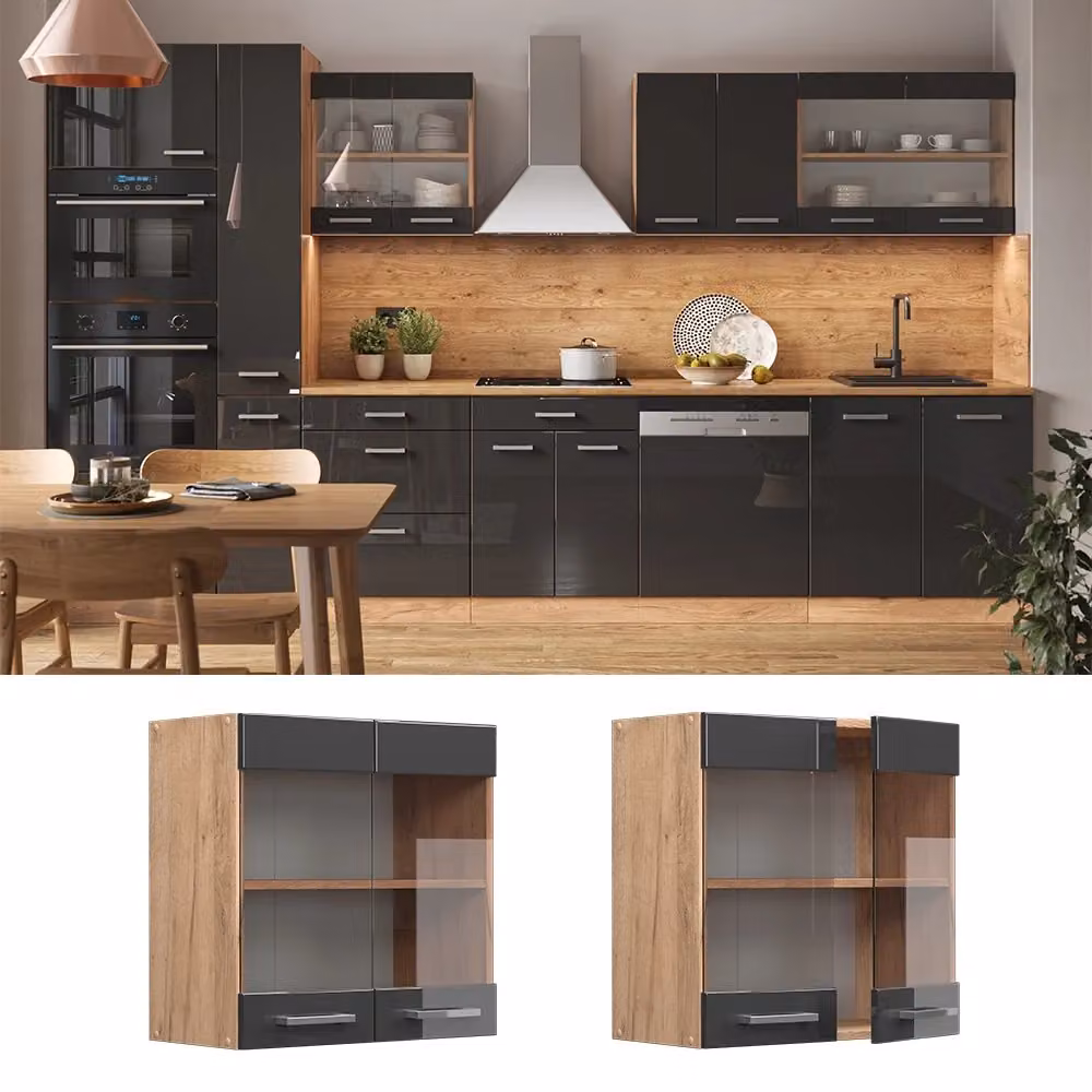 Pensile da cucina Vicco R-Line con ante in vetro, Antracite lucido e Rovere, L: 60 cm, P: 31 cm, H: 60 cm – 2