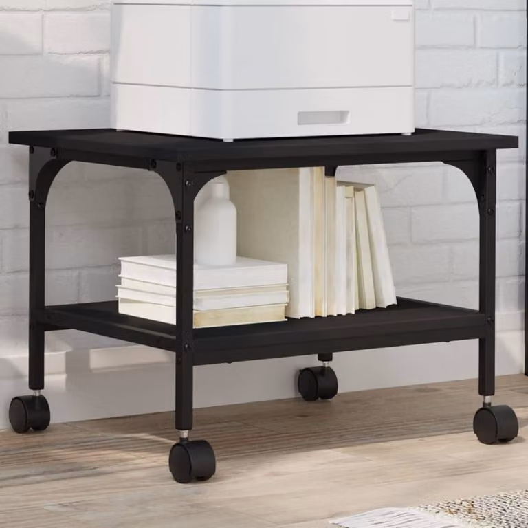 vidaXL Supporto per Stampante a 2 Livelli in Metallo e Legno, Nero Opaco, L 50 cm x P 40 cm x H 38 cm
