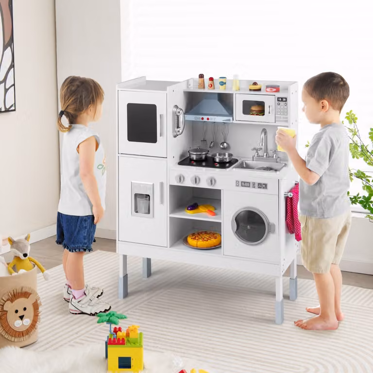 Cucinetta giocattolo Costway per bambini con cappa, macchina del ghiaccio e telefono, completa di luci e suoni realistici, colore bianco