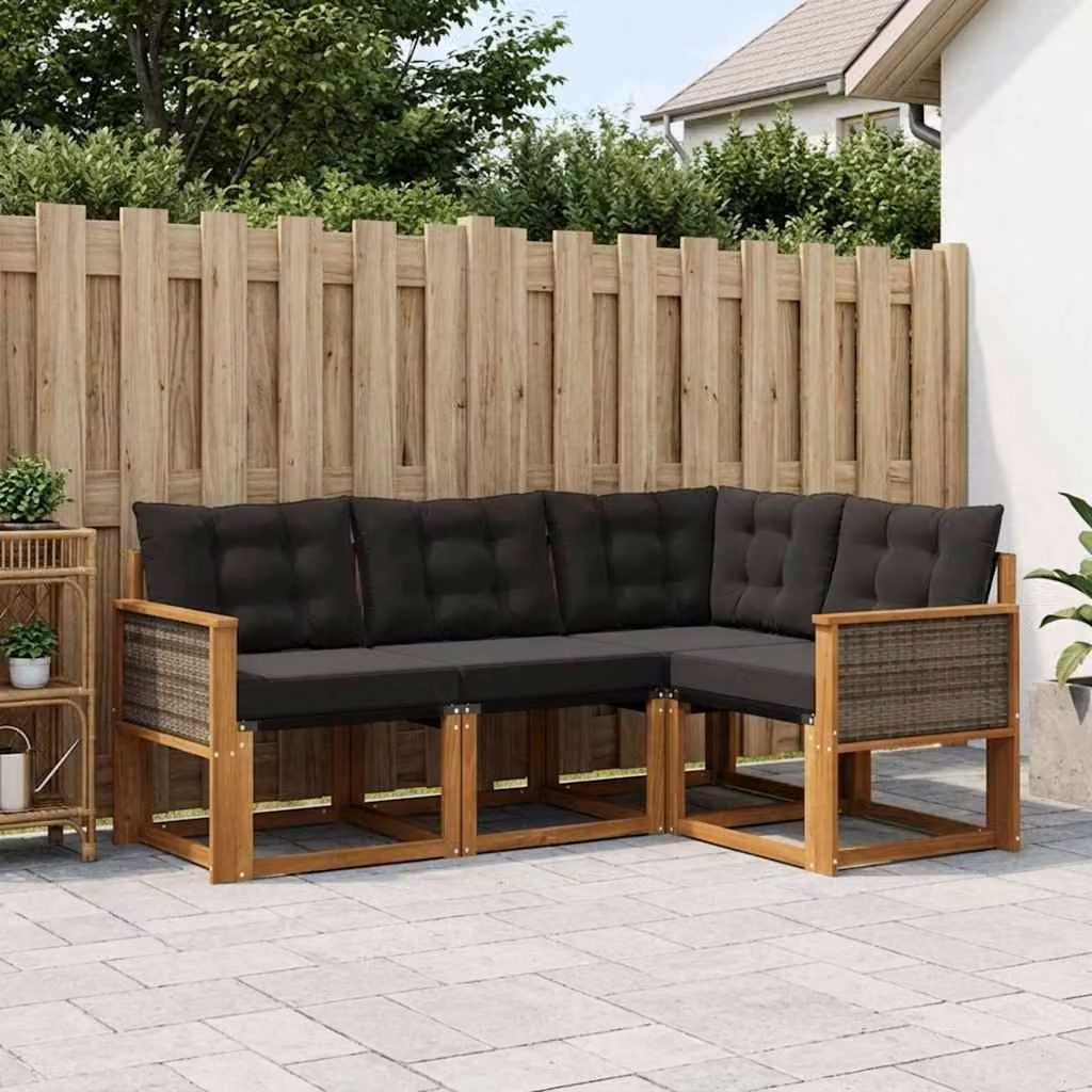 Set di divani da esterno vidaXL 4 pezzi in legno di acacia e textilene, composizione a L con cuscini inclusi, colore marrone e nero