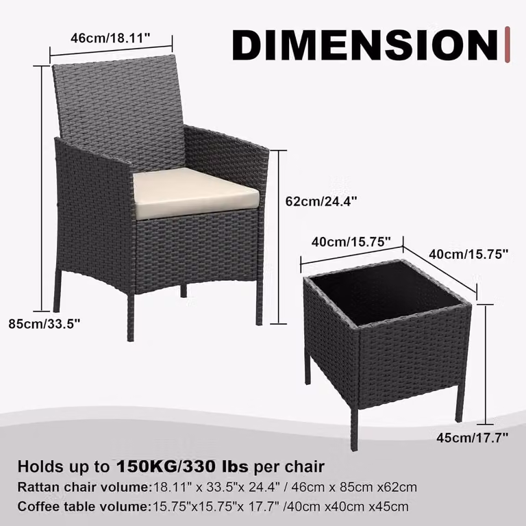 Set di mobili da esterno - Set da lounge per giardino composto da 3 pezzi - Sedie in rattan PE - Struttura in metallo - Con cuscini e tavolino in vetro - Ideale per giardino, balcone o terrazza - Colore nero e beige