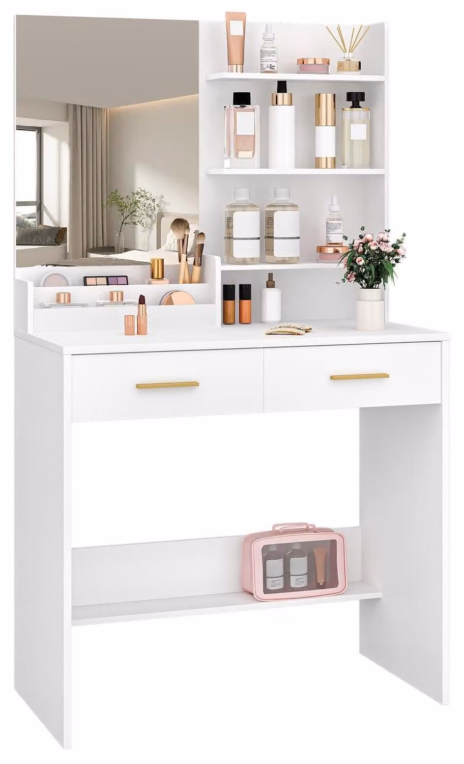 Comò da trucco con specchio e 6 cassetti, bianco