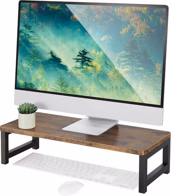 Supporto per monitor in legno antico - Organizza la postazione di lavoro - 1 pezzo - Marrone scuro - 55 x 23 x 14 cm