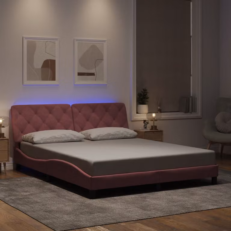 vidaXL Giroletto in Velluto Rosa con Illuminazione LED e Porta USB, L: 160 cm, P: 200 cm