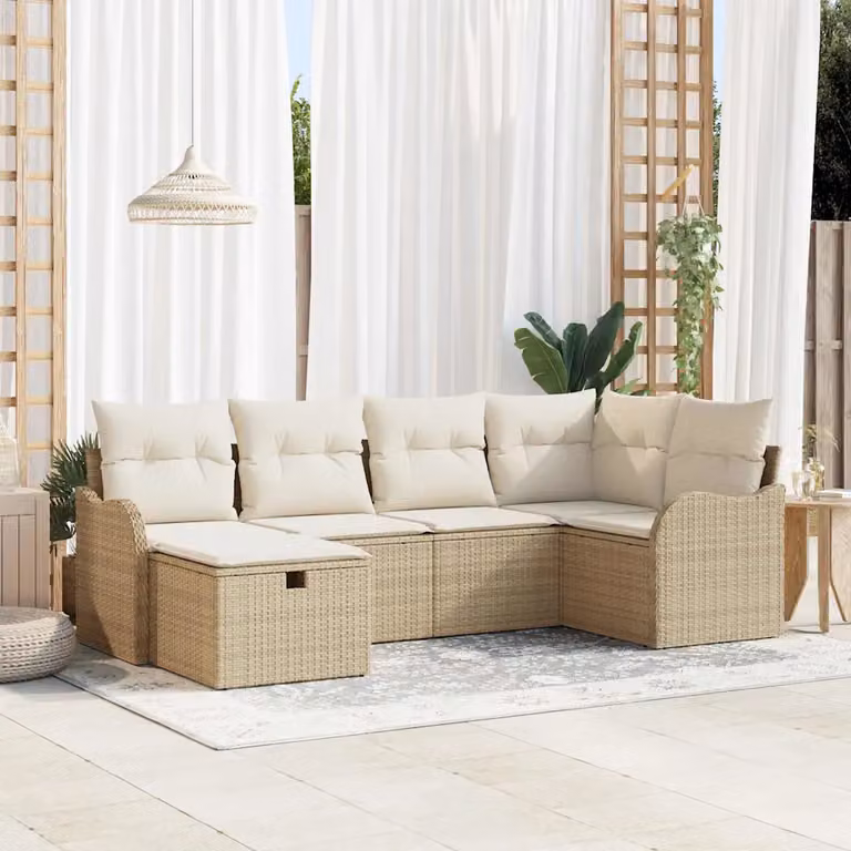 Set Divano da Giardino a L vidaXL 6 posti in Rattan con Cuscini Beige e Bianco