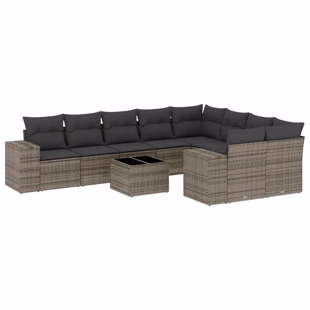 vidaXL Set Divano da Giardino a L 10 pz in Polyrattan Grigio con Cuscini e Tavolino da Caffè – 2