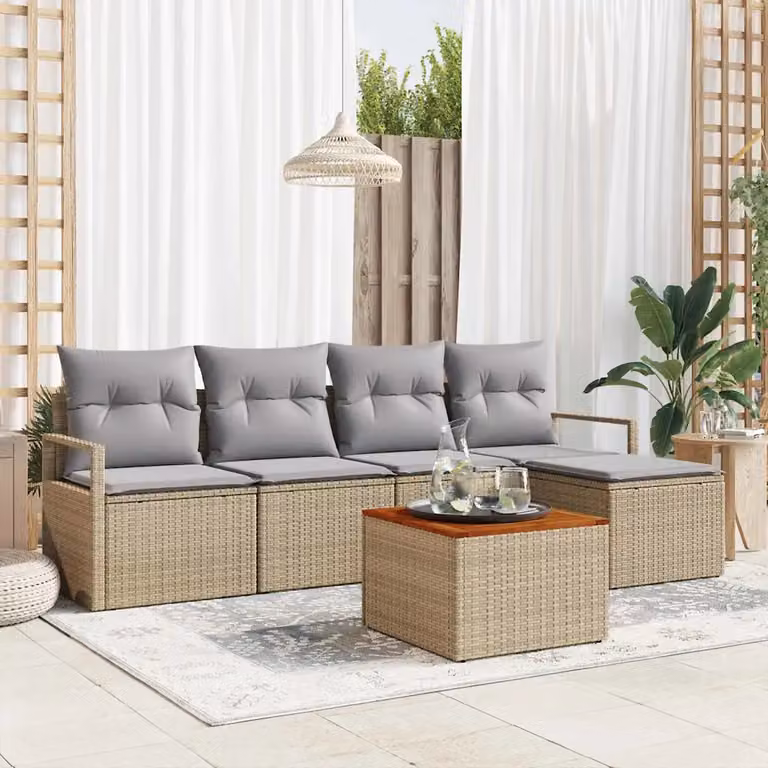 Set Divano da Giardino vidaXL 6 pz in Polyrattan Beige con Cuscini e Tavolino da Esterno a Forma di L