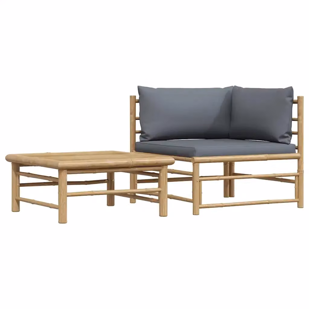 Set di divani da giardino vidaXL a forma di L con cuscini grigi e tavolino in rattan e bambù – 2