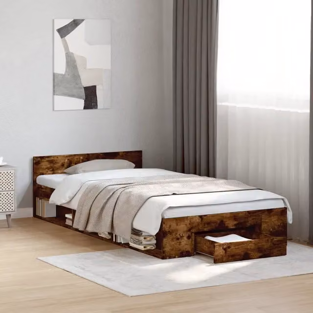 Giroletto con Cassetto-Struttura Letto con contenitore Rovere Fumo 100x200 cm Legno Multistrato