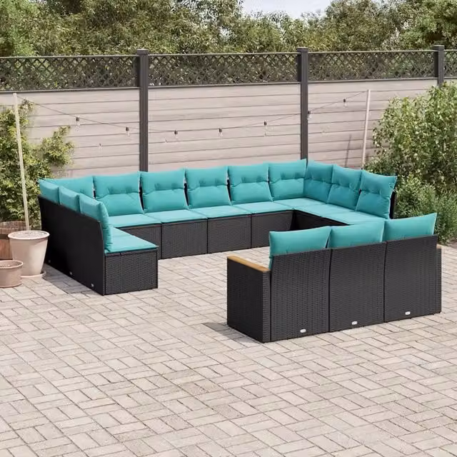 Set di Divani da Giardino a Forma di U vidaXL in Polyrattan con Cuscini e Ottoman, Colore Nero, Blu e Turchese