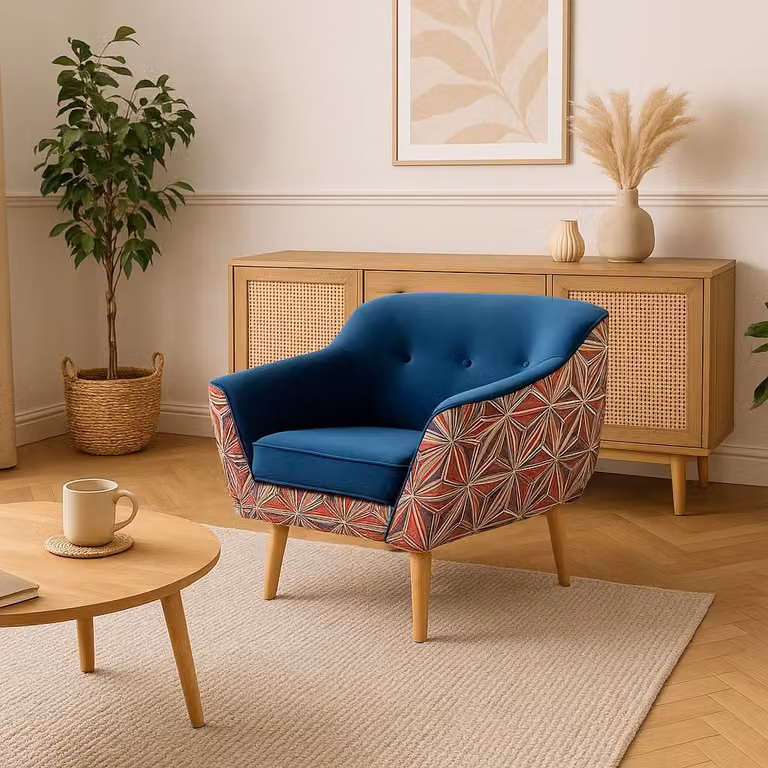 Poltrona GUTTO blu con motivo grafico MUSTI Poltrona TV reclinabile in velluto BLU Motivo grafico Poltrona imbottita scandinava Gambe in legno Gambe alte