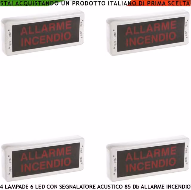 Set di 4 Segnalazioni Via di Fuga Securvera con Luce LED e Sirena 85 dB, Colore Rosso e Bianco, Installazione a Muro in Plastica, Certificazione EN 54-3 e EN-54-23