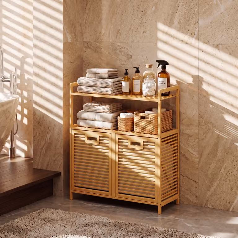 Cesto portabiancheria in bambù Costway beige con 2 sacchetti rimovibili e 2 ripiani aperti per bagno e lavanderia