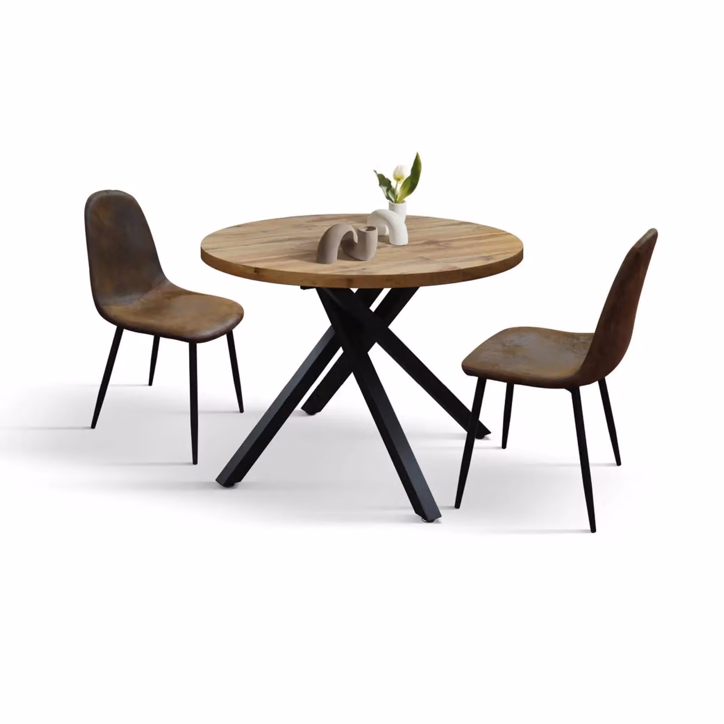 Tavolo rotondo POLA in legno, finitura rovere rustico e gambe incrociate in metallo nero, allungabile Ø100xH75 cm – 140x100x75 cm