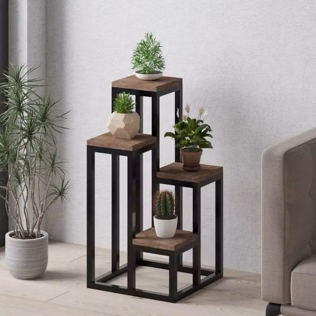 Scaffale Mompeo con 4 Ripiani in Legno e Metallo, Marrone e Nero, L 34 cm x P 39 cm x H 65 cm