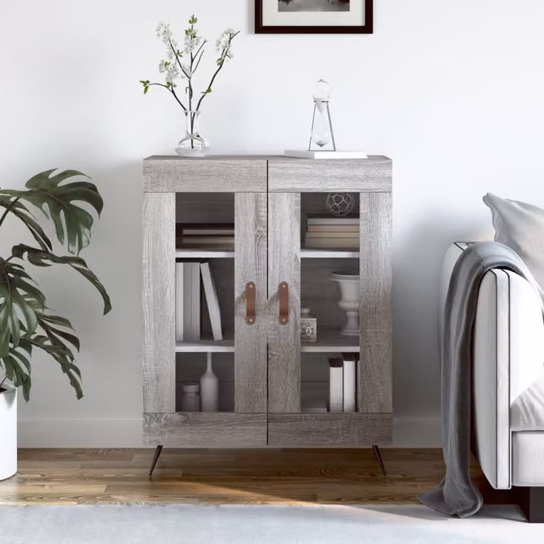 Credenza vidaXL in legno multistrato con ante in vetro, Grigio Sonoma, L: 69,5 cm, P: 34 cm, H: 90 cm